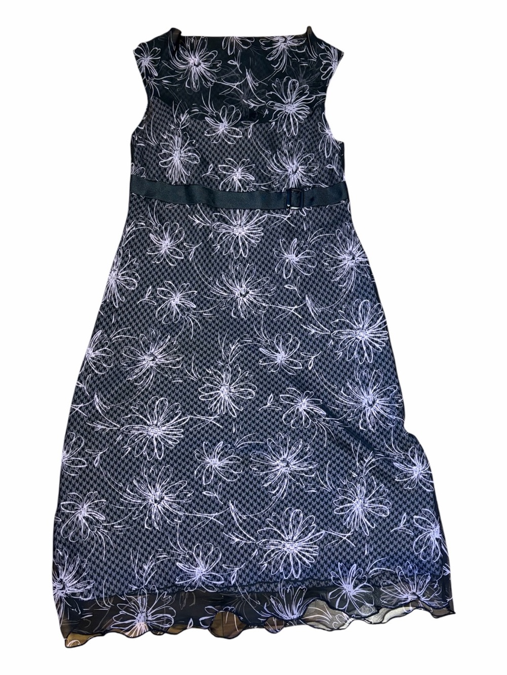 Vintage Y2K Whimsigoth Floral Mesh Overlay Midi Dress Black White